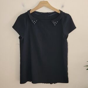 NWT Zara Black Studded Collar Pleated Back Blouse Size Small